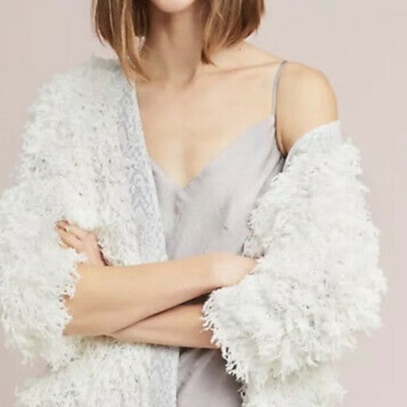 Vanessa Virginia anthropology white gray shaggy open style sweater jacket M L - Picture 1 of 16